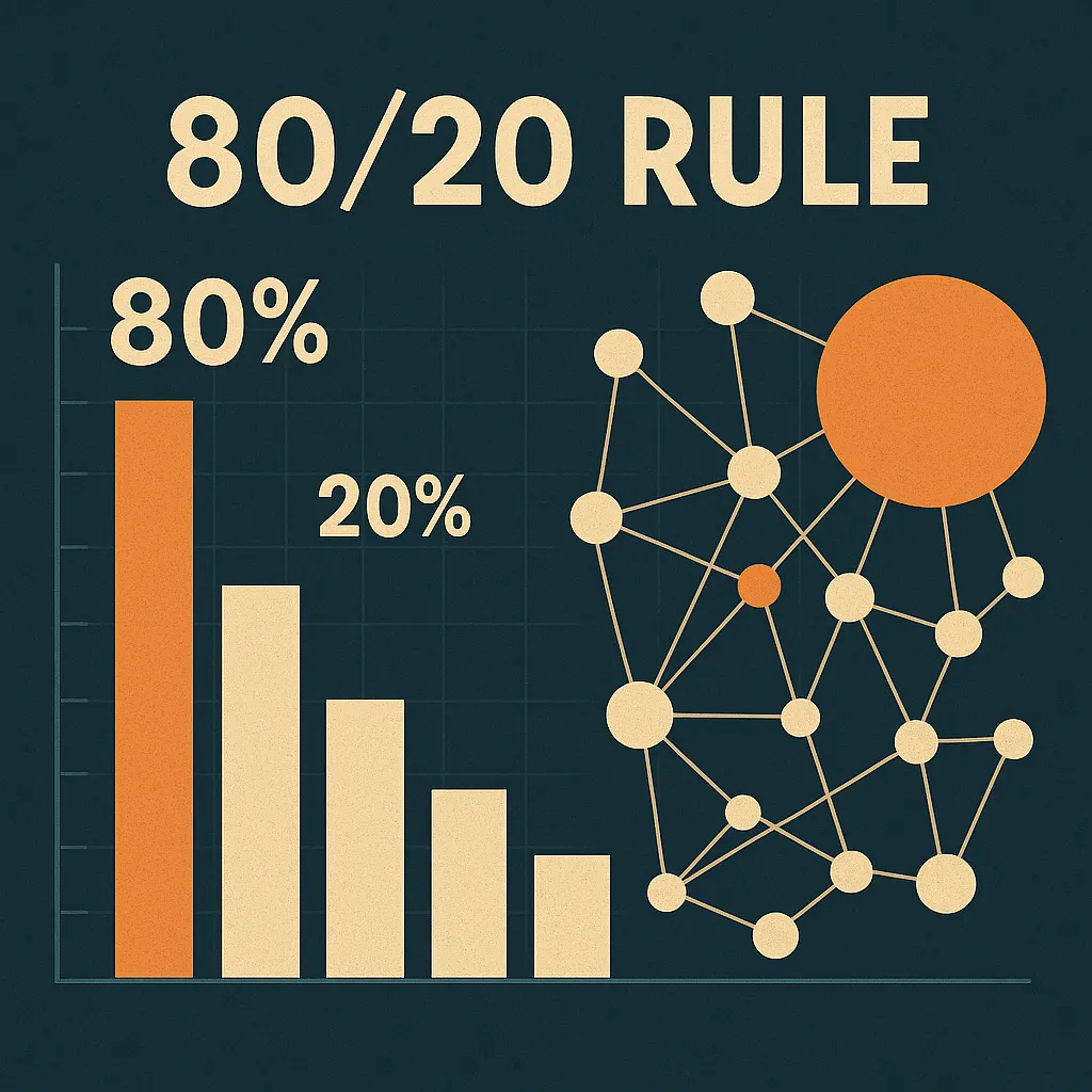80/20 Rule illustration showing a Pareto bar chart alongside a scale-free network with a dominant hub node