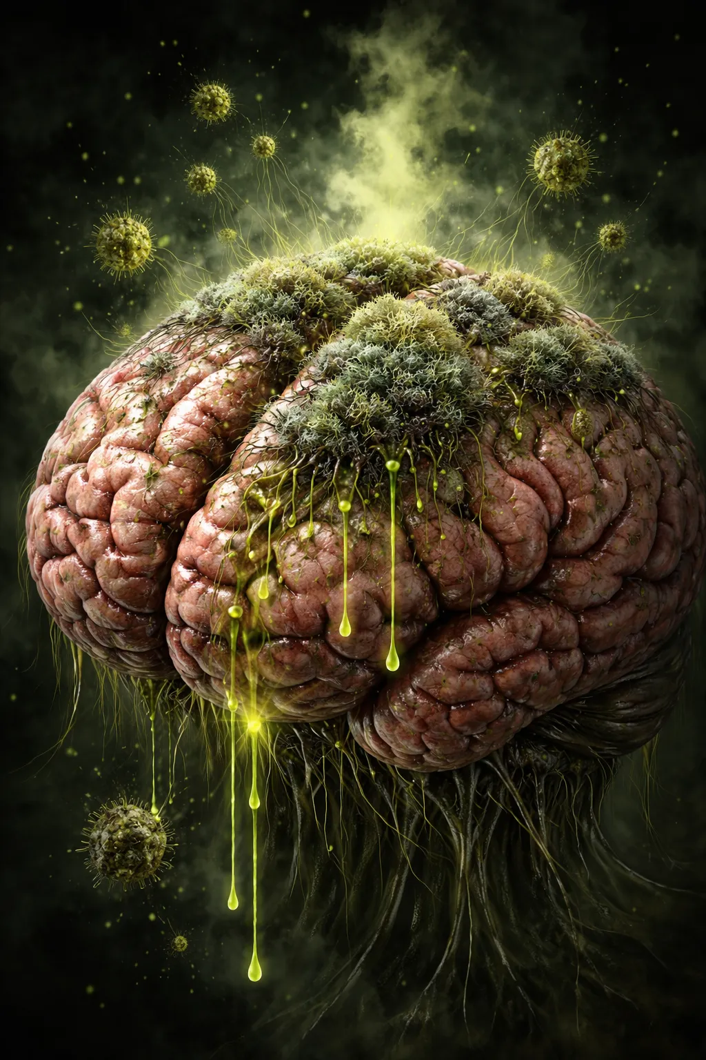 Illustration of a human brain covered in mold growth with spores dispersing, representing the intersection of fungal and neural networks